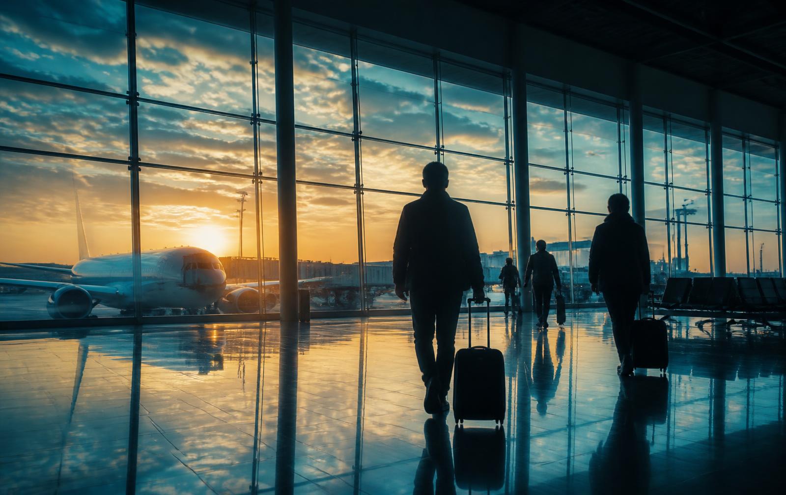 Travelers walking through an airport terminal at sunrise with an aircraft outside